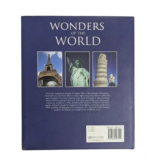 The back cover of a book titled 'Wonders of the World' with a dark blue background, featuring three travel-themed photographs of the Eiffel Tower, the Statue of Liberty, and the Leaning Tower of Pisa, plus a barcode and the Igloo Books logo.