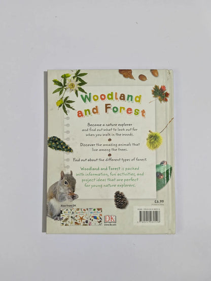 Book cover of 'Woodland and Forest' with nature-themed illustrations on a white background