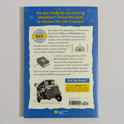 The back cover of a children's book titled 'The Word Travelers' by Jacqueline Wood, photographed from behind against a light gray background.