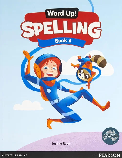 Book cover of 'Word Up! Spelling Book 6' with a character in a space suit against a light blue background.