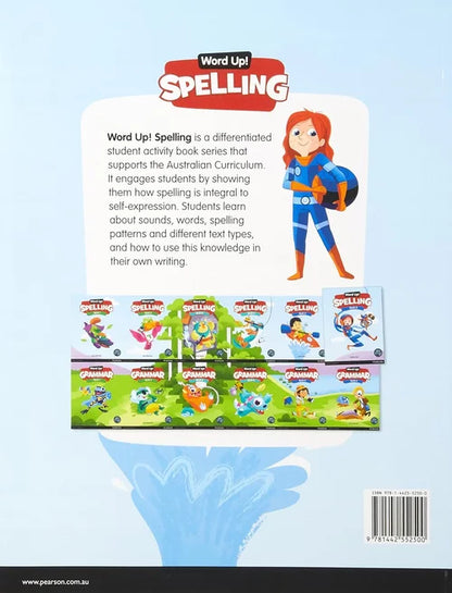Back cover of a 'Word Up! Spelling' book with character illustration and text on a light blue background.
