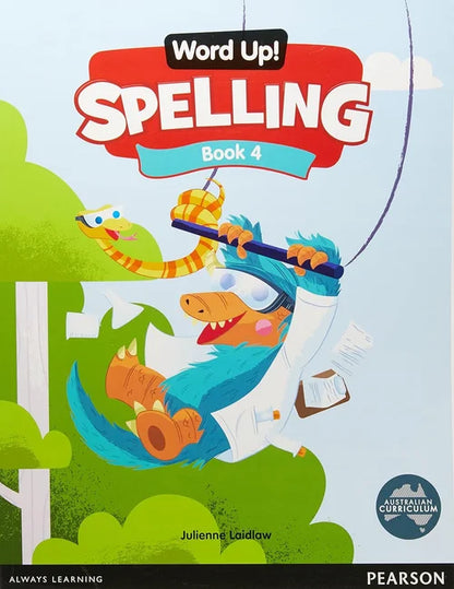 Book cover of 'Word Up! Spelling Book 4' with a cartoon dragon character on a blue background.