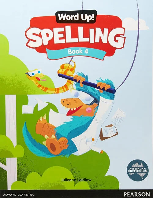 Book cover of 'Word Up! Spelling Book 4' with a cartoon dragon character on a blue background.