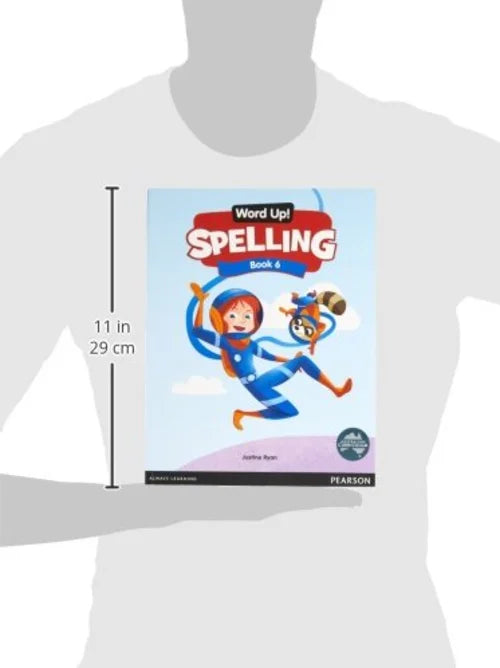 Book titled 'Spelling Book 6' by Pearson on a white background with dimensions indicated.