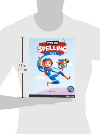 Book titled 'Spelling Book 6' by Pearson on a white background with dimensions indicated.