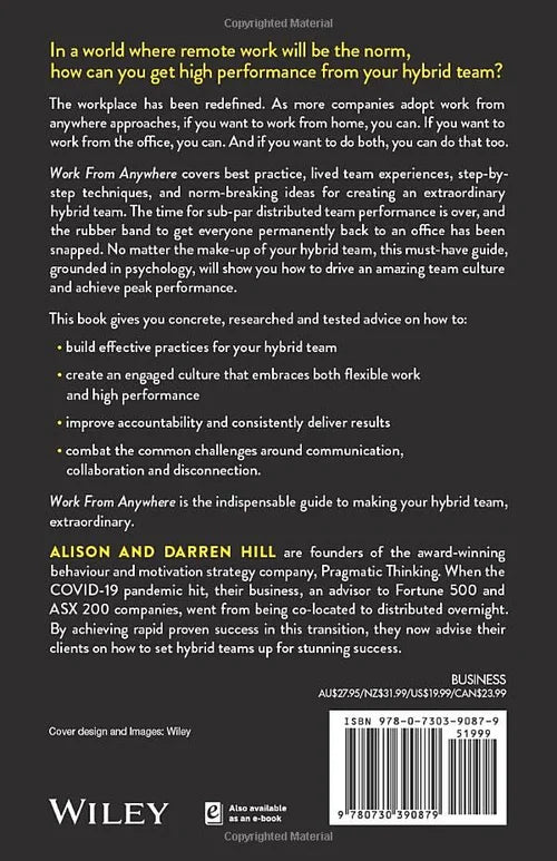 Back cover of a book titled 'Work From Anywhere' by Alison and Darren Hill, featuring text about hybrid teams and work-from-home strategies.