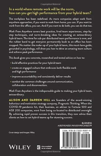 Back cover of a book titled 'Work From Anywhere' by Alison and Darren Hill, featuring text about hybrid teams and work-from-home strategies.