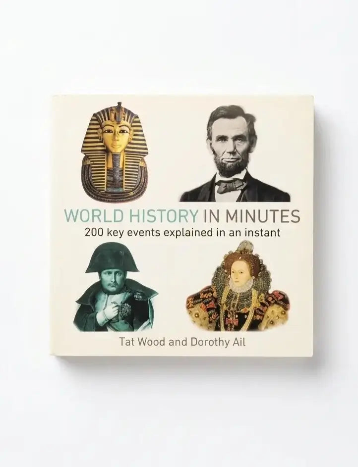 A square book cover for 'World History in Minutes' by Tat Wood and Dorothy Ail, featuring four historical illustrations and portraits on a cream background, photographed against a light gray wall.