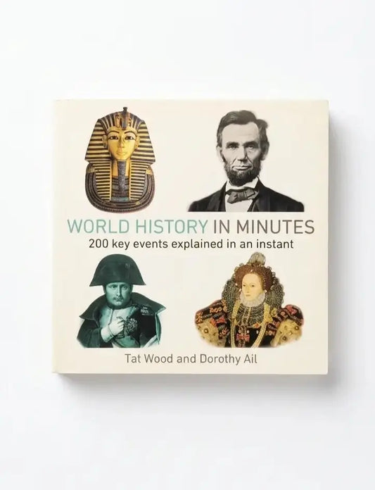 A square book cover for 'World History in Minutes' by Tat Wood and Dorothy Ail, featuring four historical illustrations and portraits on a cream background, photographed against a light gray wall.