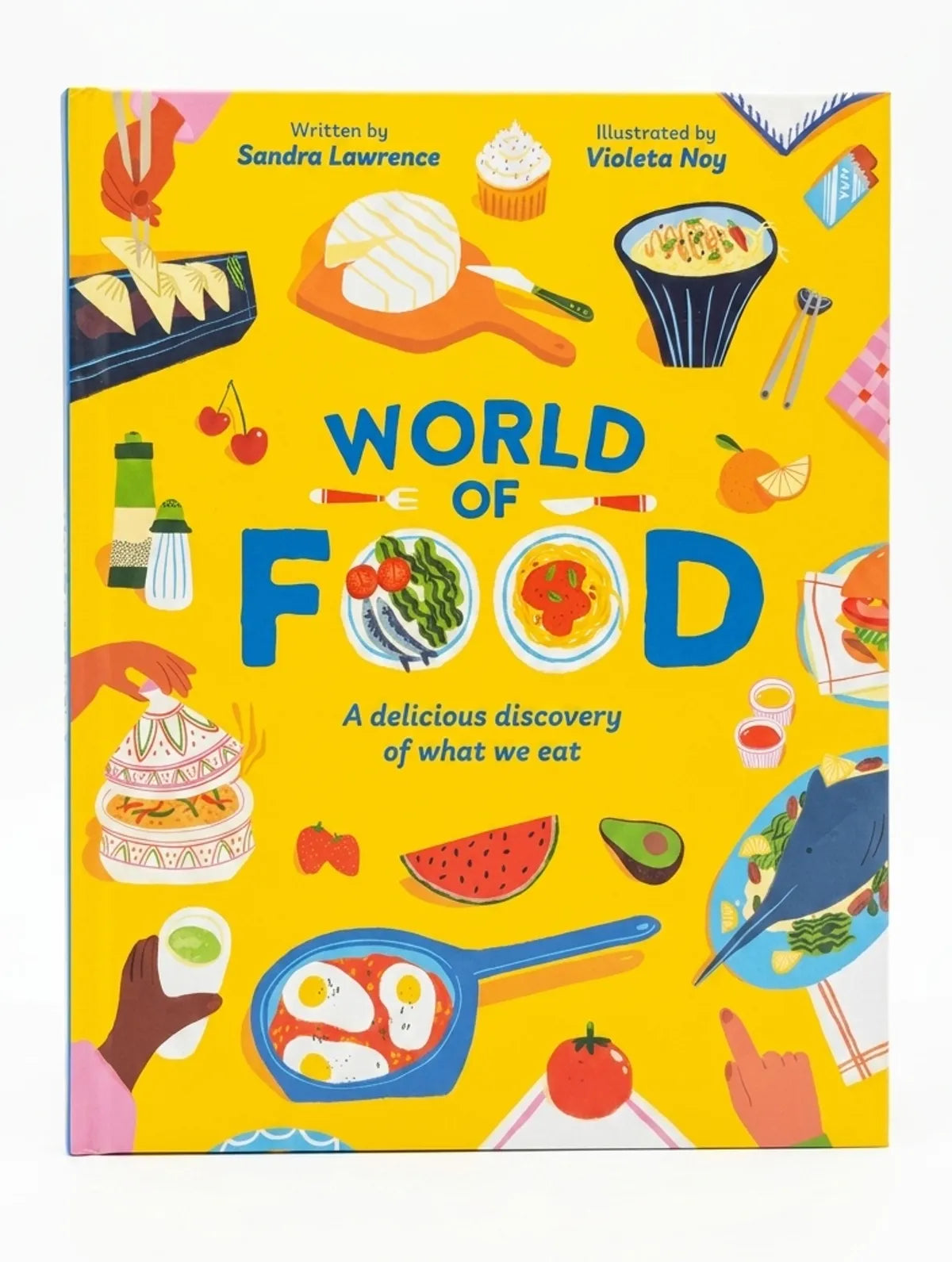 Book cover of 'World of Food' with colorful illustrations of food and utensils on a yellow background.