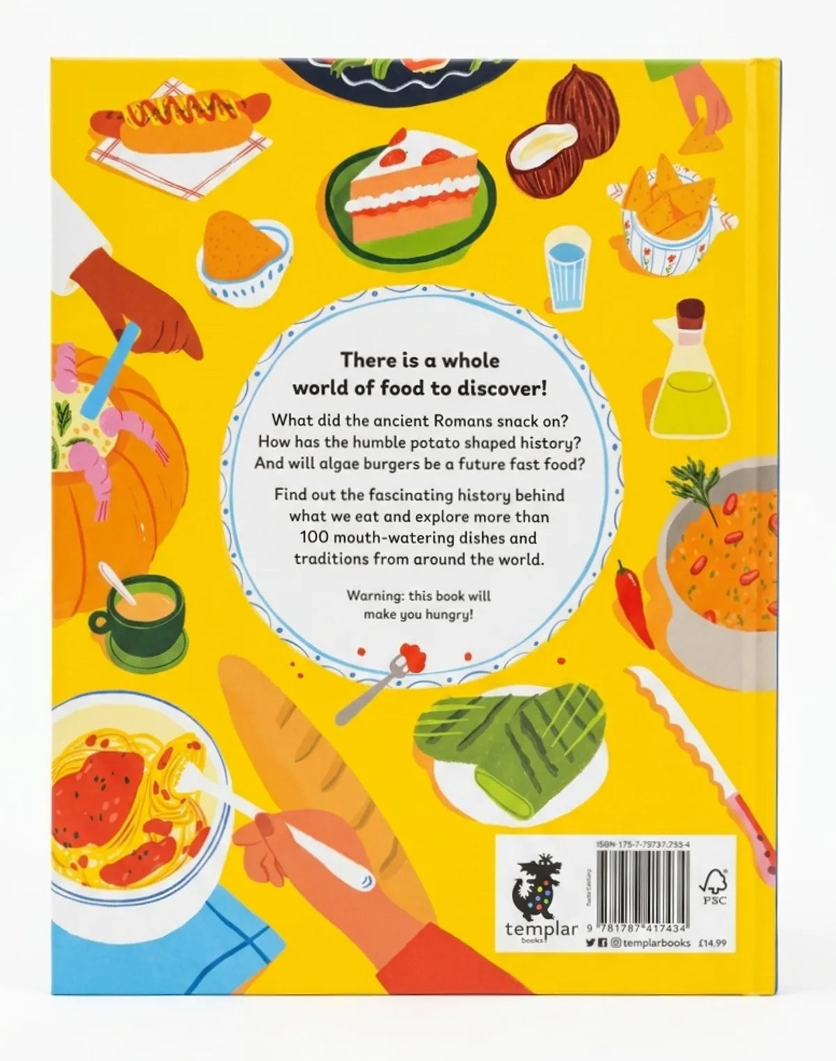 Book cover with colorful illustrations of food and a yellow background