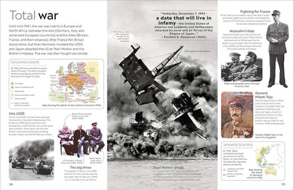 Historical military document with images of airplanes, soldiers, and maps.