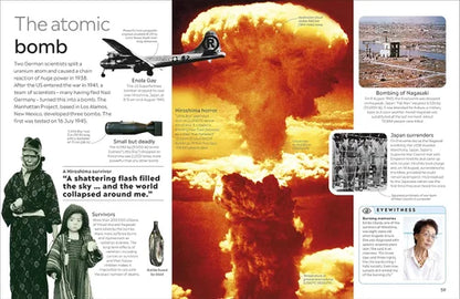 Page from a book or magazine about the atomic bomb, featuring images and text.