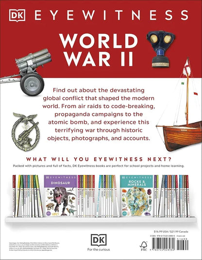 Book cover of DK Eyewitness World War II with historical objects and text.