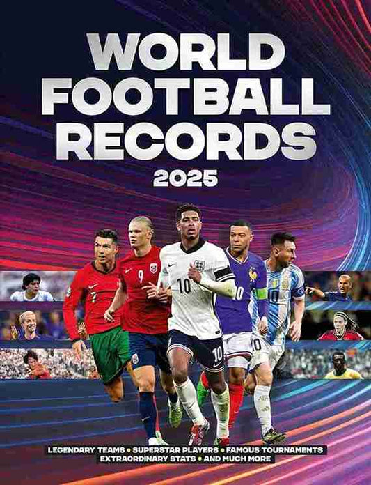 Book cover of 'World Football Records 2025' with soccer players and promotional text.