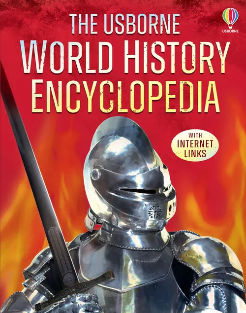 Book cover of 'The Usborne World History Encyclopedia' with a knight in armor and flames on a red background.