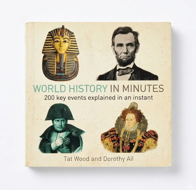 The front cover of the book 'World History in Minutes' by Tat Wood and Dorothy Ail, featuring a vintage cream-colored background with illustrations of historical figures and artifacts, including a pharaoh mask, Abraham Lincoln, Napoleon, and Queen Elizabeth II.