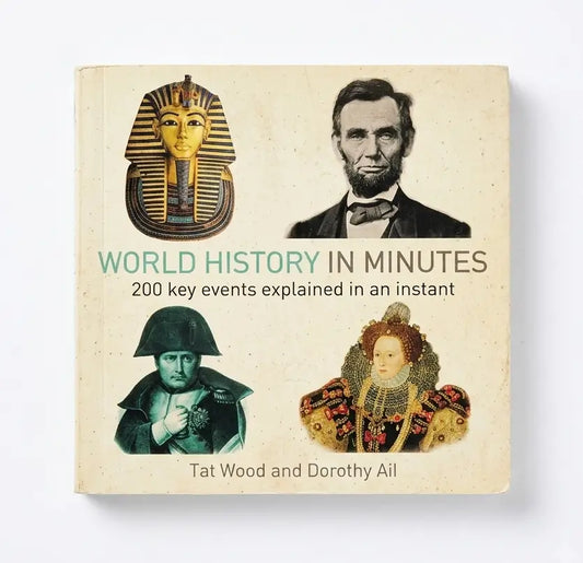 The front cover of the book 'World History in Minutes' by Tat Wood and Dorothy Ail, featuring a vintage cream-colored background with illustrations of historical figures and artifacts, including a pharaoh mask, Abraham Lincoln, Napoleon, and Queen Elizabeth II.