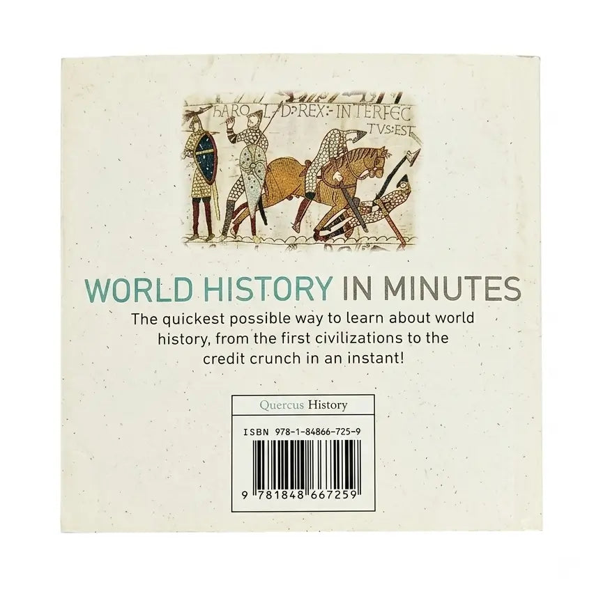 Back cover of the book 'World History in Minutes' by Quectus History, featuring an ancient-style illustration of figures and horses at the top, with the title in teal and black text on a cream-colored background.