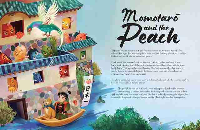 Illustrated book page with 'Momotaro and the Peach' story, colorful house, and characters.