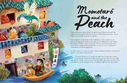 Illustrated book page with 'Momotaro and the Peach' story, colorful house, and characters.