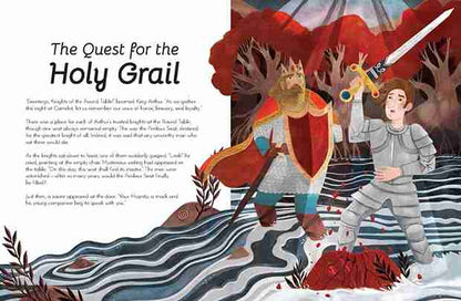 Illustration of a knight with a sword and a lion, titled 'The Quest for the Holy Grail'.