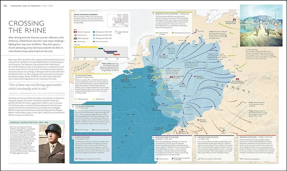 Map and historical text on a page about crossing the Rhine, featuring a map of the area and a photograph of a soldier.