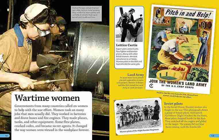 Book page with a woman welding and vintage propaganda posters about women's roles during World War II.