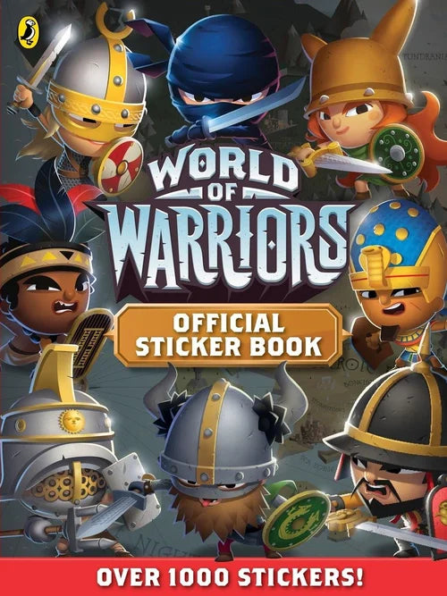 Cover of 'World of Warriors' official sticker book with cartoon warrior characters.