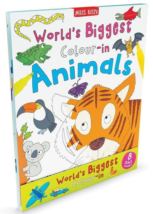Book titled 'World's Biggest Colour-in Animals' by Miles Kelly with colorful animal illustrations on a white background.