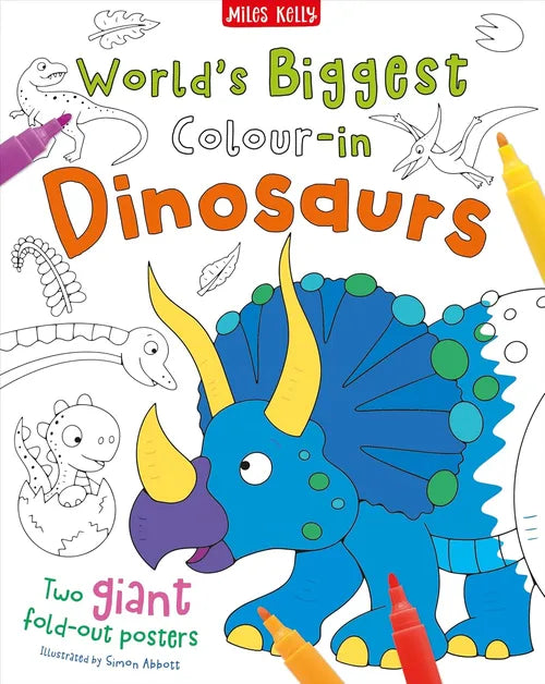 Coloring book cover for 'World's Biggest Colour-in Dinosaurs' with a blue dinosaur illustration and coloring tools.