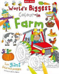 Coloring book cover titled 'World's Biggest Colour-in Farm' by Miles Kelly with illustrations of farm animals and a tractor.