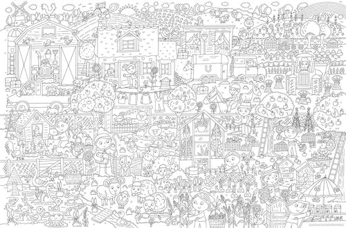 Black and white detailed illustration of a town scene with various elements.