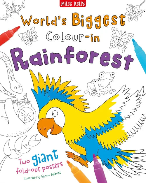 Coloring book cover titled 'World's Biggest Colour-in Rainforest' with a parrot illustration and markers.