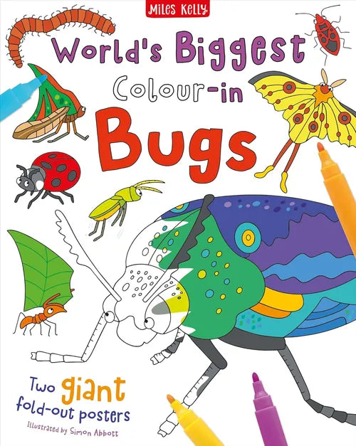 Book cover of 'World's Biggest Colour-in Bugs' with colorful insects and coloring tools.