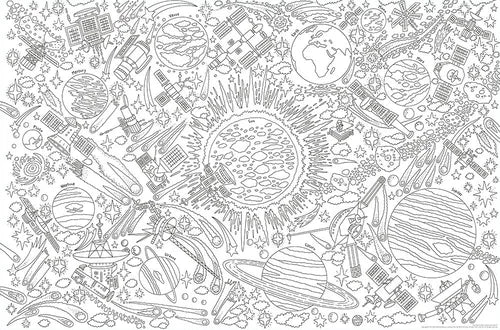 Black and white space-themed pattern with planets, stars, and rockets.