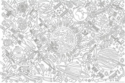 Black and white space-themed pattern with planets, stars, and rockets.