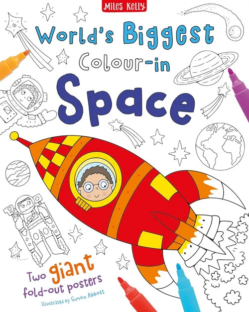 Coloring book cover titled 'World's Biggest Colour-in Space' with a rocket ship and space-themed illustrations.