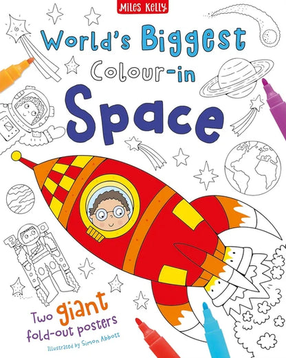 Coloring book cover titled 'World's Biggest Colour-in Space' with a rocket ship and space-themed illustrations.