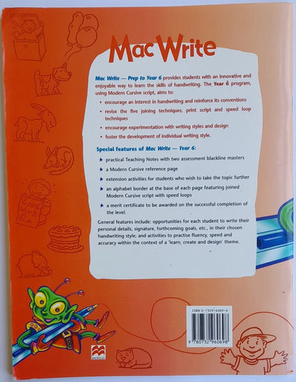 Back cover of a book titled 'Mac Write' with illustrations and text on an orange background.