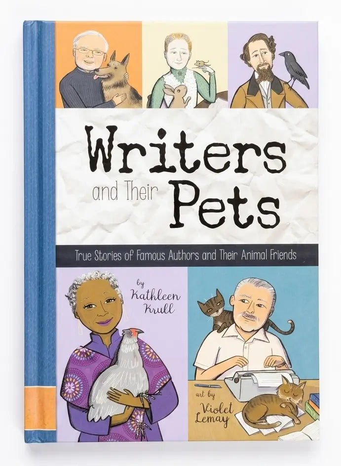 Book titled 'Writers and Their Pets' with illustrations of authors and their animals on the cover.