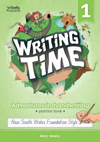 Book cover of 'Writing Time' with a green background and colorful illustrations.