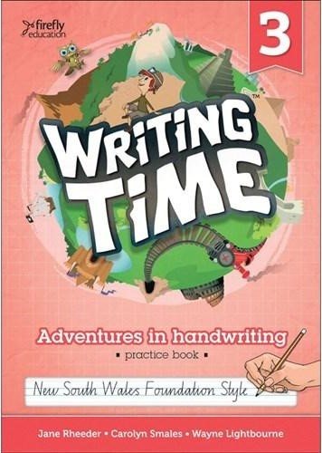 Book titled 'Writing Time: Adventures in Handwriting' by Firefly Education on a pink background