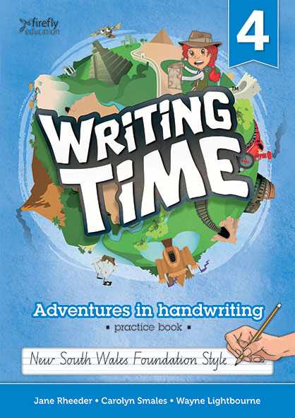 Book cover of 'Writing Time' practice book for New South Wales Foundation Style, featuring a child and landscape illustration.