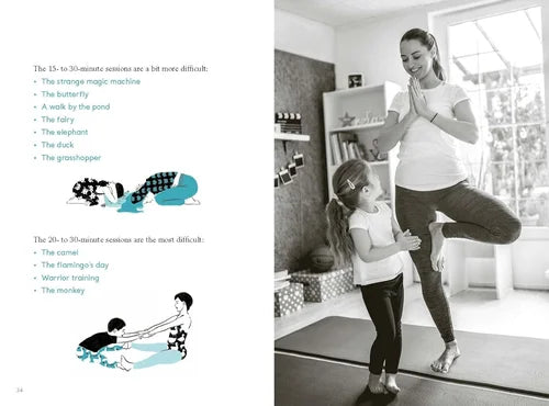 Woman and child practicing yoga in a home setting with text on the left side.