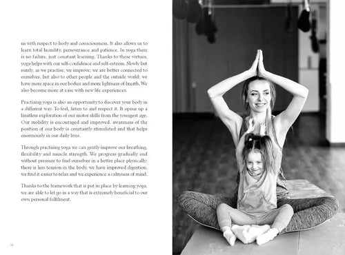 Woman and child practicing yoga together with text on the left side.