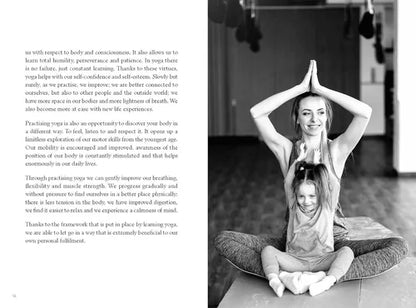 Woman and child practicing yoga together with text on the left side.