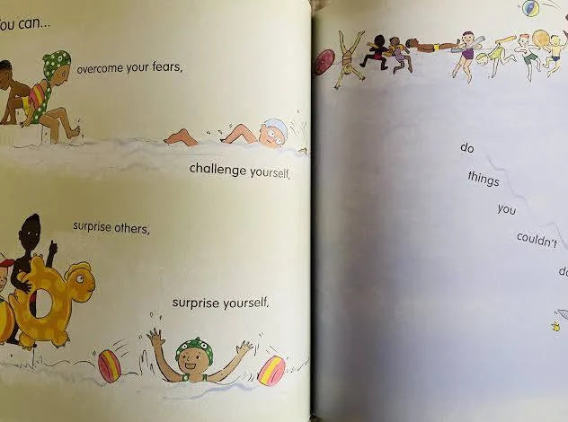 Illustrated book pages with children playing in water and motivational text.