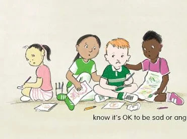 Cartoon children sitting together with text 'know it's OK to be sad or angry' on a beige background