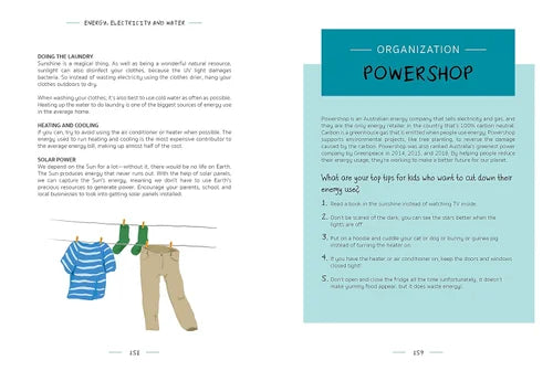 Page from a book about energy, electricity, and water with text and illustrations.